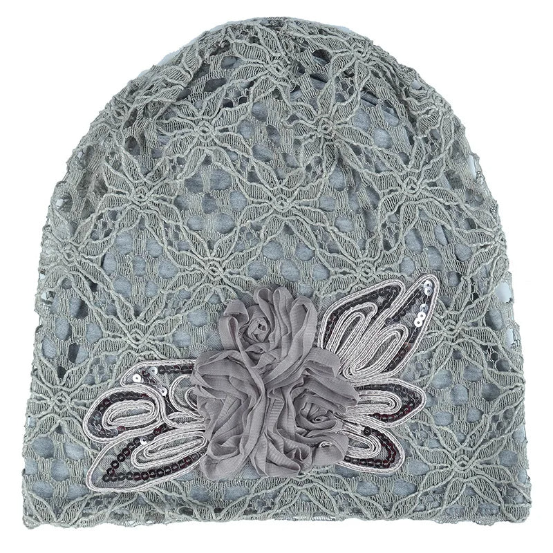 Women Lace Turban Cap for Women – Thin, Elegant Muslim Beanie with Sequin Flower, Chemo Bonnet for Hair Loss, Spring & Summer Headscarf