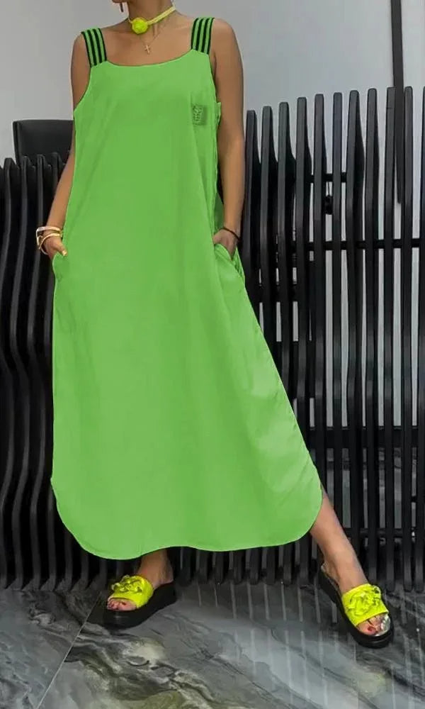 Women’s U-Neck Summer Maxi Dress – Casual Loose Sleeveless Pullover with Striped Straps, Flowy Hem, and Convenient Pockets for Breezy Everyday Style