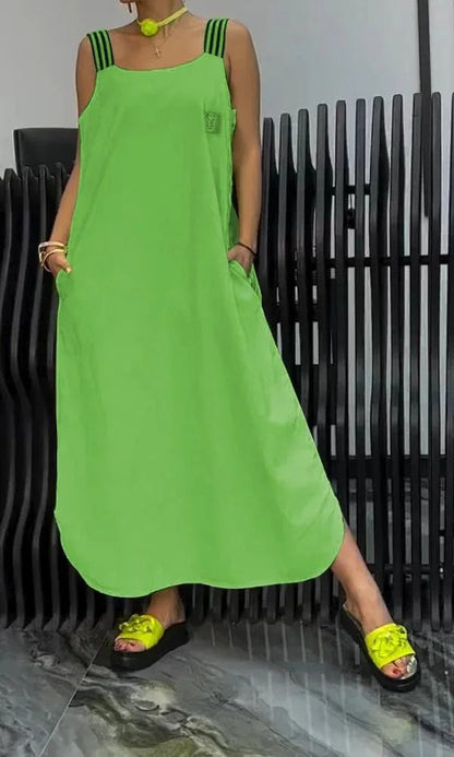 Women’s U-Neck Summer Maxi Dress – Casual Loose Sleeveless Pullover with Striped Straps, Flowy Hem, and Convenient Pockets for Breezy Everyday Style