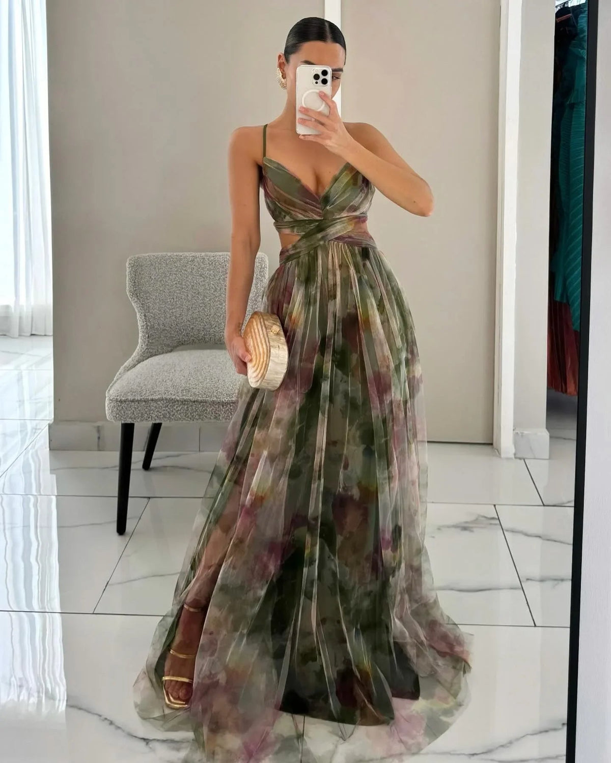 Sexy Hollow-Out Party Maxi Dress – Women’s Summer Print Sleeveless Lace-Up Vestido for Lounge, Outdoor Events or Evening Glamour