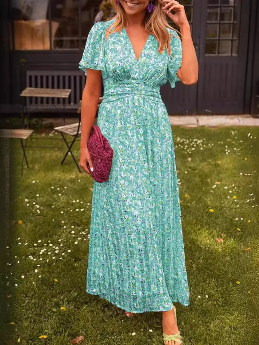 Summer Floral V-Neck Maxi Dress – Short Sleeve Elegant Office Dress, Casual Beachwear for Women’s Daily or Vacation Look