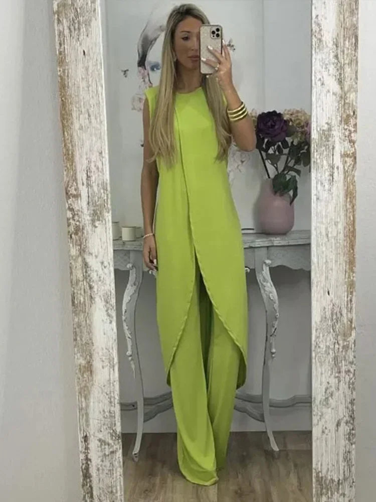 Casual Two-Piece Women’s Set – Sleeveless Round-Neck Top with Loose Pants for Chic 2023 Elegant Lady Summer Outfit Look