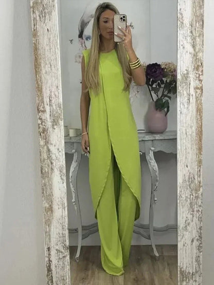 Casual Two-Piece Women’s Set – Sleeveless Round-Neck Top with Loose Pants for Chic 2023 Elegant Lady Summer Outfit Look