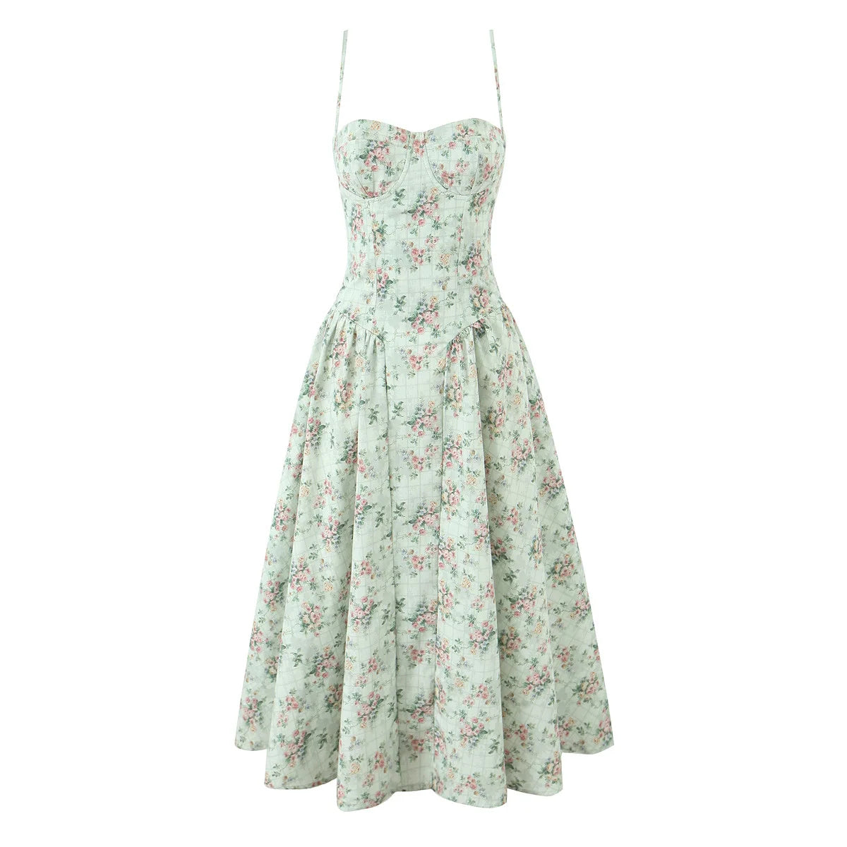 Green Floral Midi Dress – Sexy Low Waist Spaghetti Strap A-Line Summer Dress for Beach Holidays and 2025 Parties