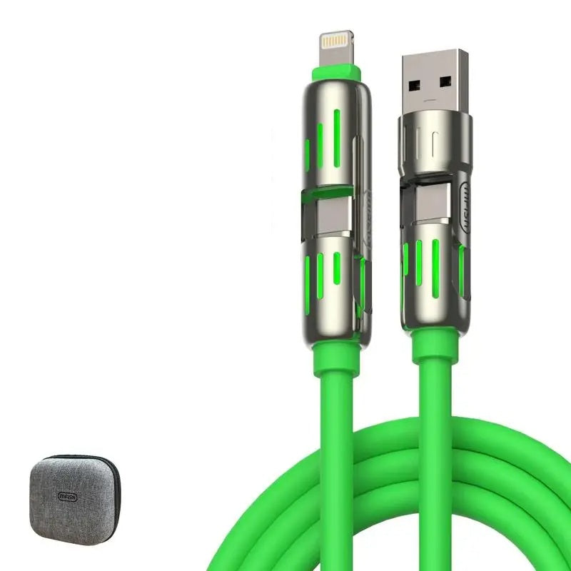 Multi-functional USB Cable with Breathing Light- 4-in-1 High Speed 240W Charging & Sync for iPhone, iPad, Type C, and USB-A Devices