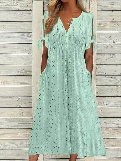White Hollow Out A Long Dress – Lace Tie Chic Summer Maxi Dress with High Waist and V-Neck for Beach and Elegant Evenings