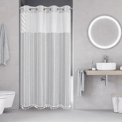 No-Hook Boho Farmhouse Shower Curtain Set – Heavy-Duty Linen Fabric with Tassels, Snap-In Liner for Rustic & Elegant Bathroom Decor