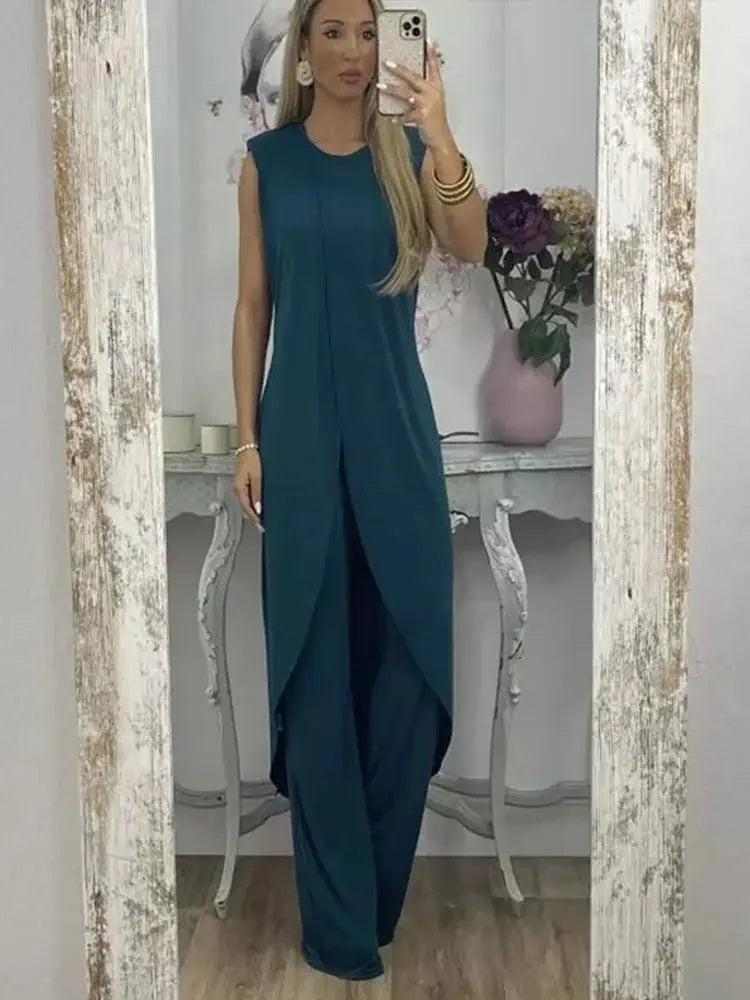 Casual Two-Piece Women’s Set – Sleeveless Round-Neck Top with Loose Pants for Chic 2023 Elegant Lady Summer Outfit Look