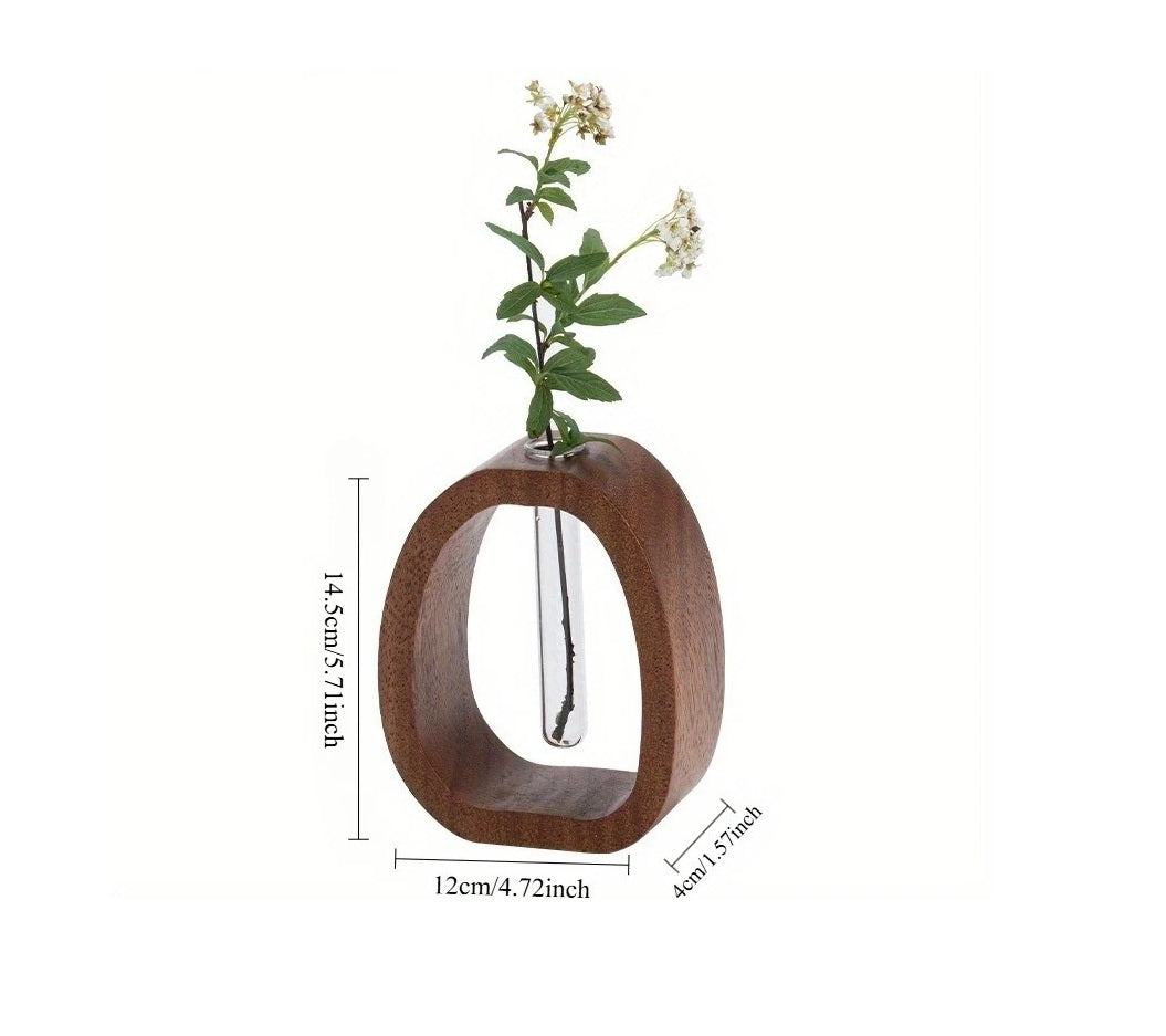 Mini Wood & Glass Flower Vase – Elegant Tabletop Flower Arrangement Pot for Water-Grown Plants and Decorative Styling