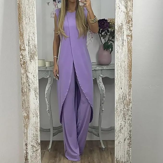 Casual Two-Piece Women’s Set – Sleeveless Round-Neck Top with Loose Pants for Chic 2023 Elegant Lady Summer Outfit Look