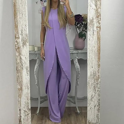 Casual Two-Piece Women’s Set – Sleeveless Round-Neck Top with Loose Pants for Chic 2023 Elegant Lady Summer Outfit Look