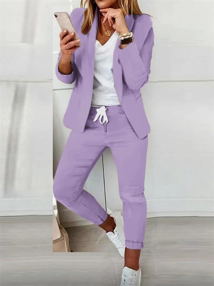 Women’s Two-Piece Lace-Up Office Set – Elegant Matching Suit with Tie Top and Pants for Business Chic Looks