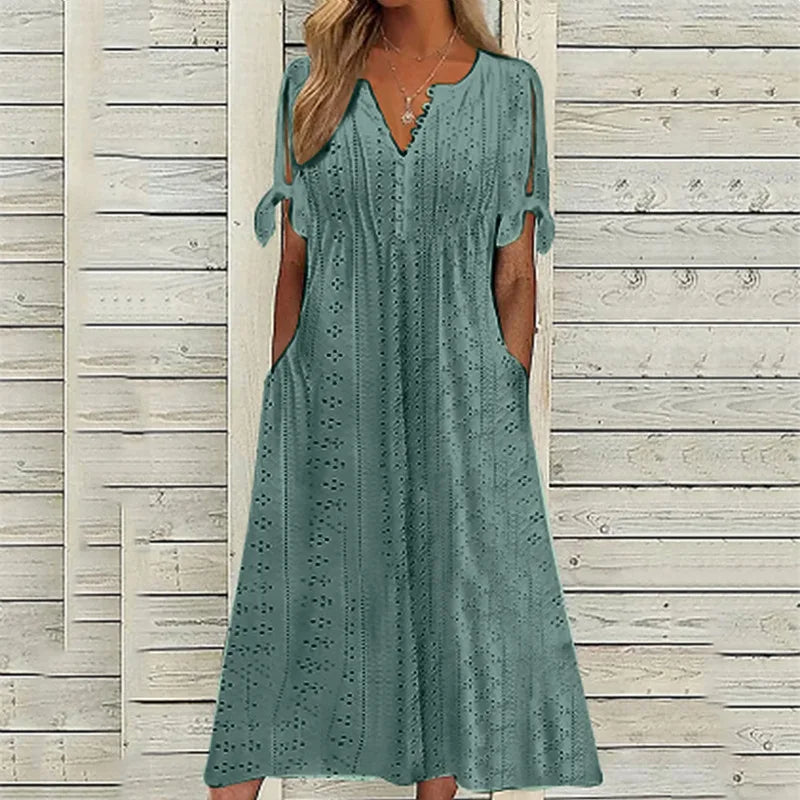 White Hollow Out A Long Dress – Lace Tie Chic Summer Maxi Dress with High Waist and V-Neck for Beach and Elegant Evenings