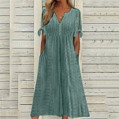 White Hollow Out A Long Dress – Lace Tie Chic Summer Maxi Dress with High Waist and V-Neck for Beach and Elegant Evenings