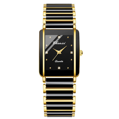 Square Shaped Luxury Couple Watches – 104A Waterproof Watch with Ceramic Strap Timepieces for Men and Women with Elegant Simulated-Ceramics Design
