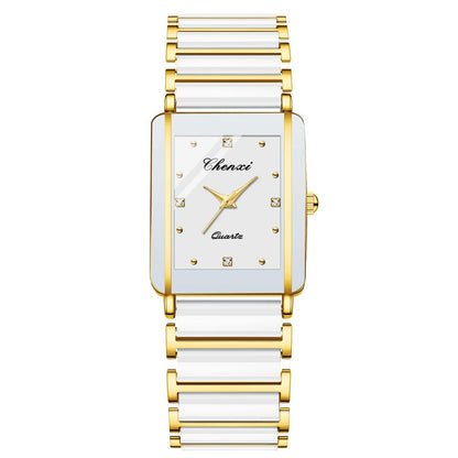 Square Shaped Luxury Couple Watches – 104A Waterproof Watch with Ceramic Strap Timepieces for Men and Women with Elegant Simulated-Ceramics Design