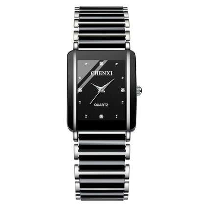 Square Shaped Luxury Couple Watches – 104A Waterproof Watch with Ceramic Strap Timepieces for Men and Women with Elegant Simulated-Ceramics Design