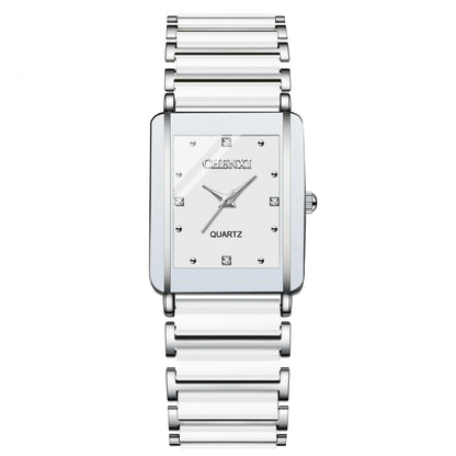 Square Shaped Luxury Couple Watches – 104A Waterproof Watch with Ceramic Strap Timepieces for Men and Women with Elegant Simulated-Ceramics Design