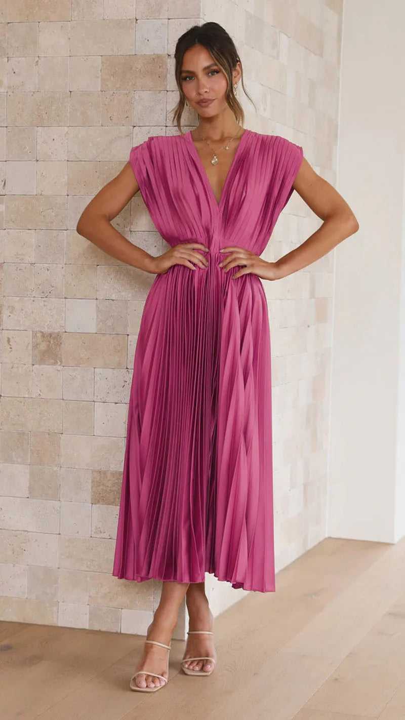 Women’s Sexy Pleated Summer Dress – Slimming French-Inspired V-Neck Long Dress with Zipper Closure, Flowy & Flattering Fit