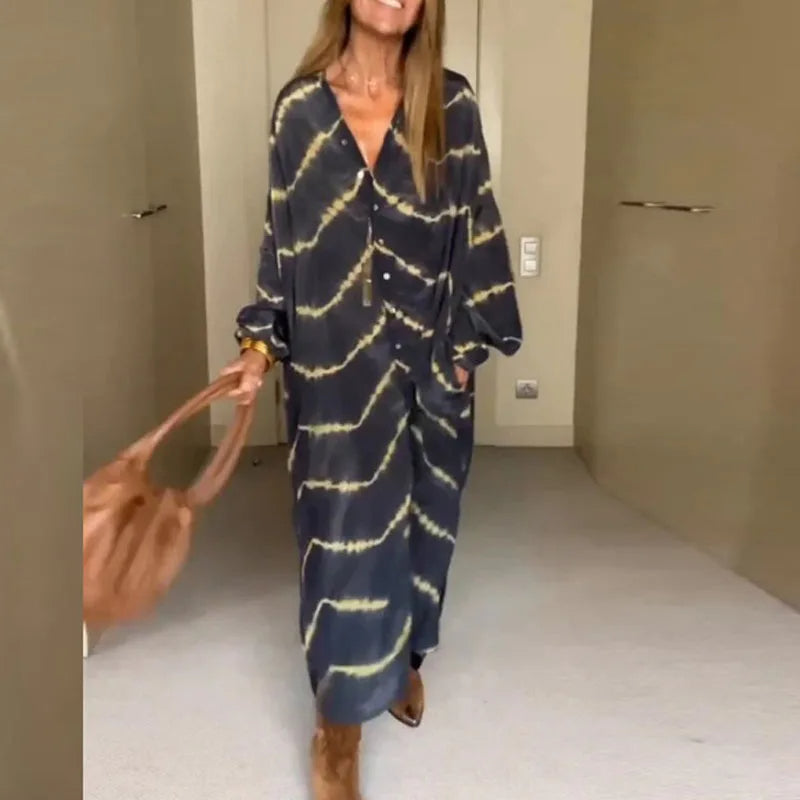 Boho Beach Holiday Maxi Dress for Women – V-Neck Summer Cardigan Style with Pockets, Loose Fit, and Elegant Printed Design for Casual Parties