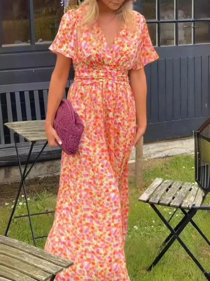 Summer Floral V-Neck Maxi Dress – Short Sleeve Elegant Office Dress, Casual Beachwear for Women’s Daily or Vacation Look