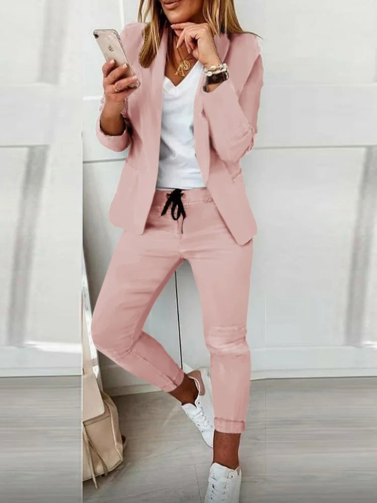 Women’s Two-Piece Lace-Up Office Set – Elegant Matching Suit with Tie Top and Pants for Business Chic Looks