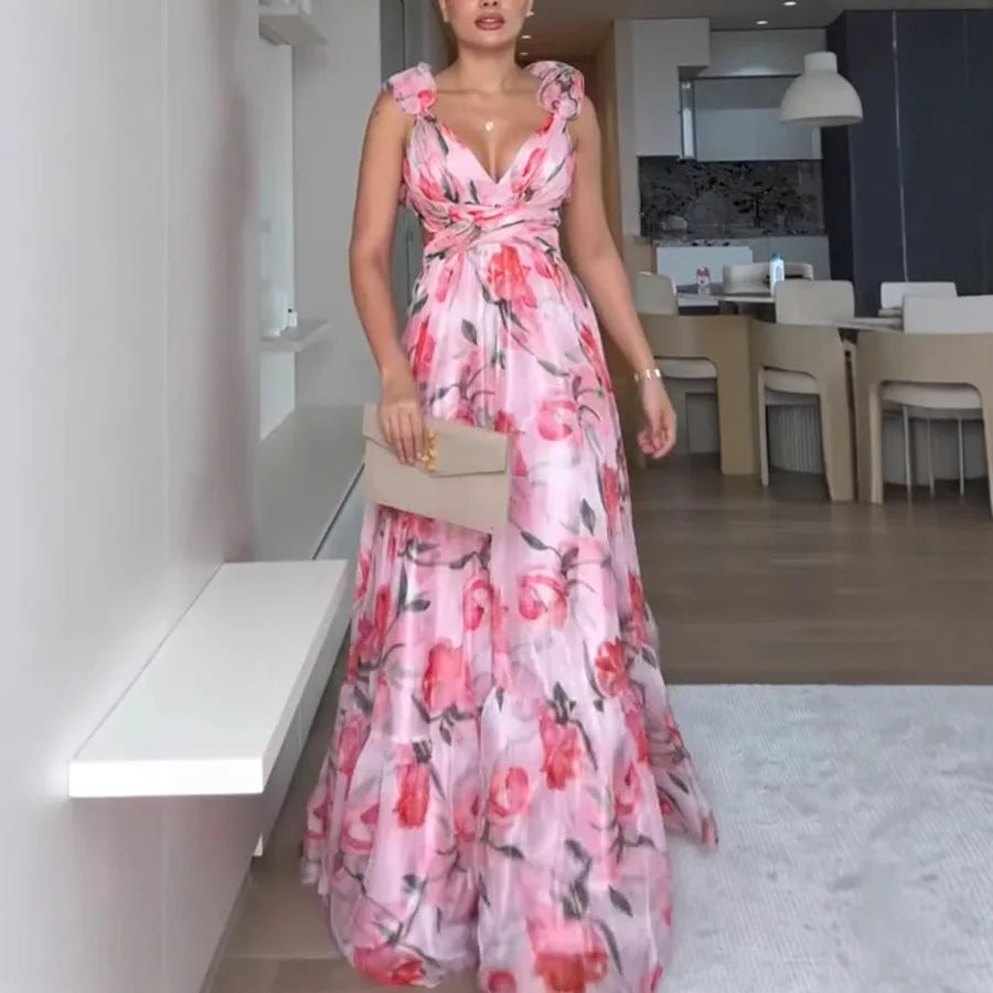Women’s Chiffon Ruffled Print Dress – V‑Neck Pleated High-Waist Ankle-Length Loose Dress for Summer Casual or Formal Occasions