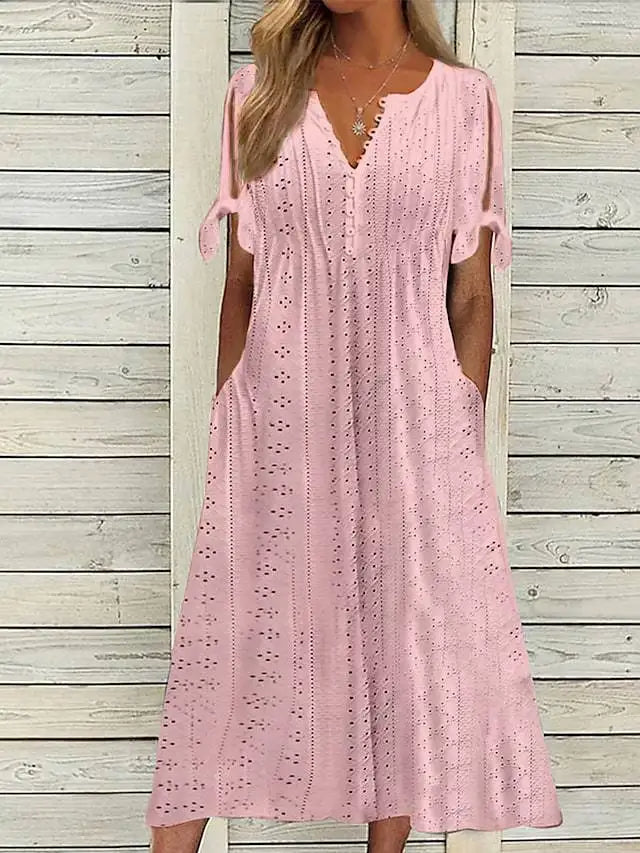 White Hollow Out A Long Dress – Lace Tie Chic Summer Maxi Dress with High Waist and V-Neck for Beach and Elegant Evenings