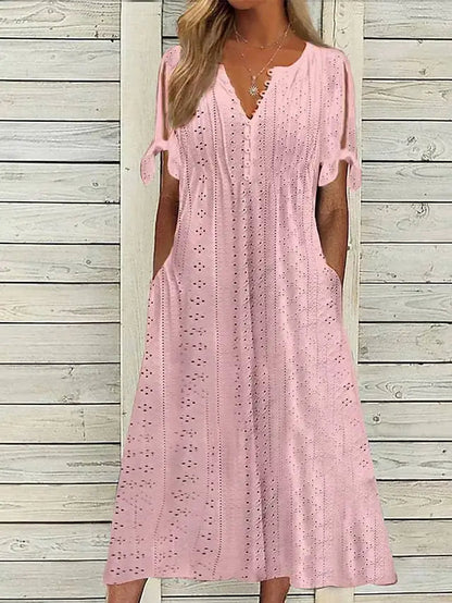 White Hollow Out A Long Dress – Lace Tie Chic Summer Maxi Dress with High Waist and V-Neck for Beach and Elegant Evenings