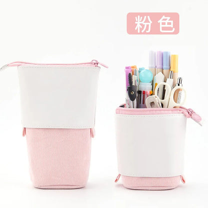 PU Pop-up Bag Pencil Holder - Corduroy Standing Stationery Organizer Case with Zipper, Stylish Gift for Boys, Girls, and Students