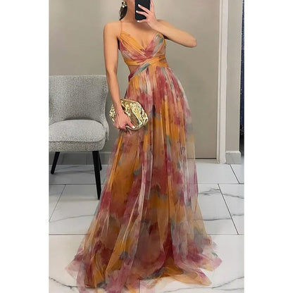 Sexy Hollow-Out Party Maxi Dress – Women’s Summer Print Sleeveless Lace-Up Vestido for Lounge, Outdoor Events or Evening Glamour