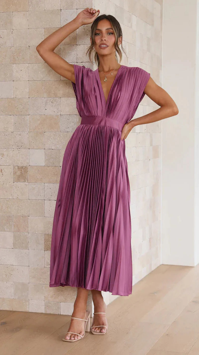 Women’s Sexy Pleated Summer Dress – Slimming French-Inspired V-Neck Long Dress with Zipper Closure, Flowy & Flattering Fit
