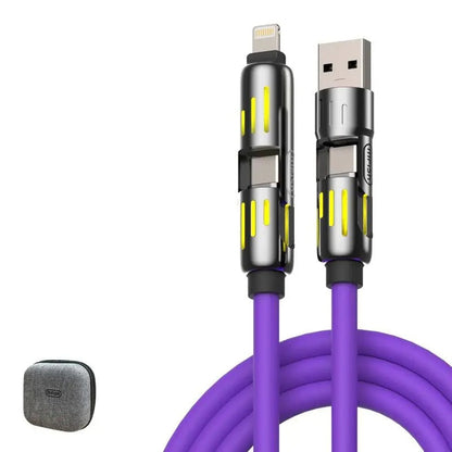 Multi-functional USB Cable with Breathing Light- 4-in-1 High Speed 240W Charging & Sync for iPhone, iPad, Type C, and USB-A Devices