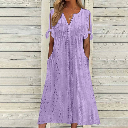 White Hollow Out A Long Dress – Lace Tie Chic Summer Maxi Dress with High Waist and V-Neck for Beach and Elegant Evenings
