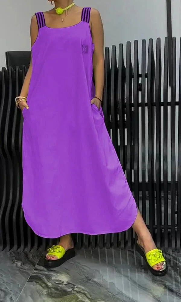 Women’s U-Neck Summer Maxi Dress – Casual Loose Sleeveless Pullover with Striped Straps, Flowy Hem, and Convenient Pockets for Breezy Everyday Style