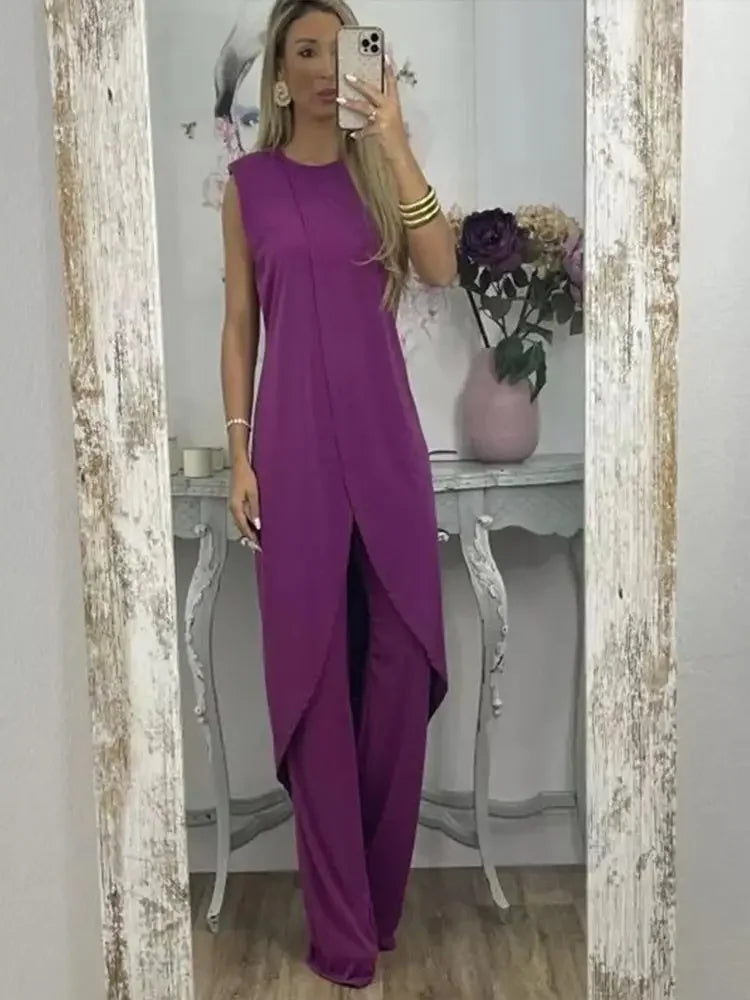 Casual Two-Piece Women’s Set – Sleeveless Round-Neck Top with Loose Pants for Chic 2023 Elegant Lady Summer Outfit Look