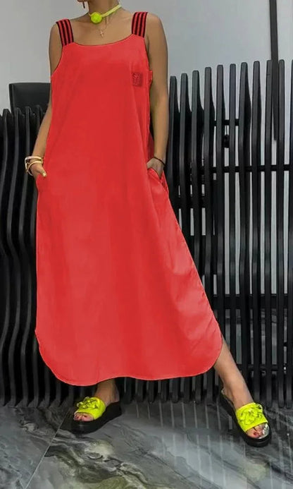 Women’s U-Neck Summer Maxi Dress – Casual Loose Sleeveless Pullover with Striped Straps, Flowy Hem, and Convenient Pockets for Breezy Everyday Style