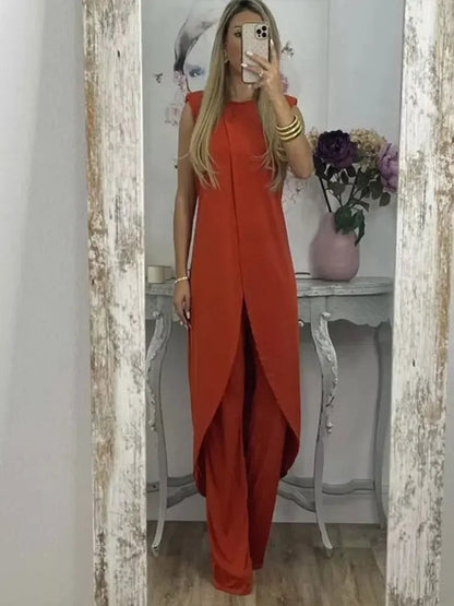 Casual Two-Piece Women’s Set – Sleeveless Round-Neck Top with Loose Pants for Chic 2023 Elegant Lady Summer Outfit Look