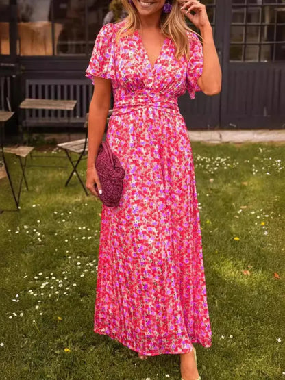 Summer Floral V-Neck Maxi Dress – Short Sleeve Elegant Office Dress, Casual Beachwear for Women’s Daily or Vacation Look