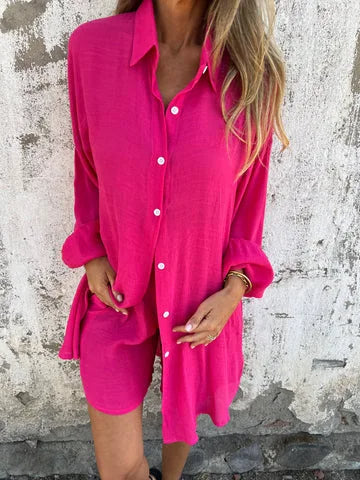 Women's Elegant Two-Piece Set - Loose Black Shirt with Matching Cardigan Shorts Suit for Trendy Spring/Summer Street Style