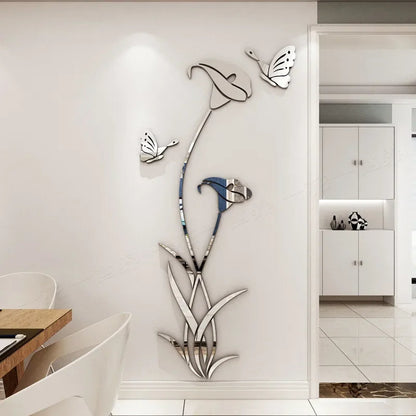 Butterfly Lily Mirror Wall Sticker – 3D DIY Floral Mural Decal for Bedroom, TV Background, and Elegant Living Room Décor Charm