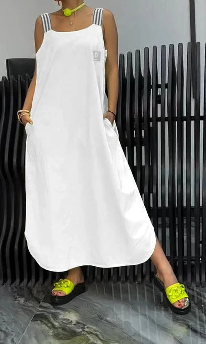 Women’s U-Neck Summer Maxi Dress – Casual Loose Sleeveless Pullover with Striped Straps, Flowy Hem, and Convenient Pockets for Breezy Everyday Style