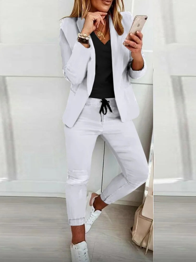 Women’s Two-Piece Lace-Up Office Set – Elegant Matching Suit with Tie Top and Pants for Business Chic Looks