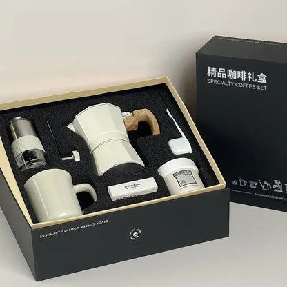 Six Pieces Manual Coffee Maker Gift Set – Moka Pot with Grinder, Cup, Bean Jar, Filter Paper, Spoon, and Brush for Home Brewing Lovers