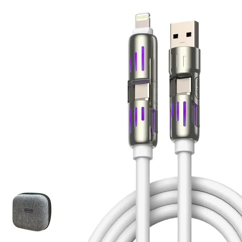 Multi-functional USB Cable with Breathing Light- 4-in-1 High Speed 240W Charging & Sync for iPhone, iPad, Type C, and USB-A Devices