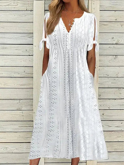 White Hollow Out A Long Dress – Lace Tie Chic Summer Maxi Dress with High Waist and V-Neck for Beach and Elegant Evenings