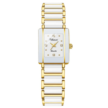Square Shaped Luxury Couple Watches – 104A Waterproof Watch with Ceramic Strap Timepieces for Men and Women with Elegant Simulated-Ceramics Design