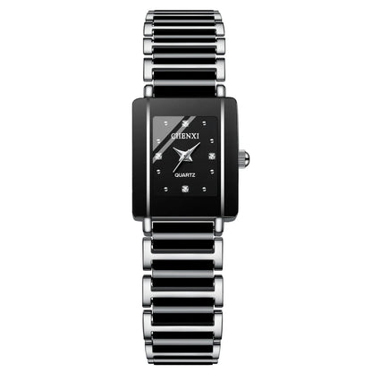 Square Shaped Luxury Couple Watches – 104A Waterproof Watch with Ceramic Strap Timepieces for Men and Women with Elegant Simulated-Ceramics Design