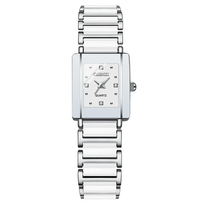 Square Shaped Luxury Couple Watches – 104A Waterproof Watch with Ceramic Strap Timepieces for Men and Women with Elegant Simulated-Ceramics Design
