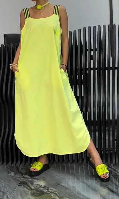 Women’s U-Neck Summer Maxi Dress – Casual Loose Sleeveless Pullover with Striped Straps, Flowy Hem, and Convenient Pockets for Breezy Everyday Style